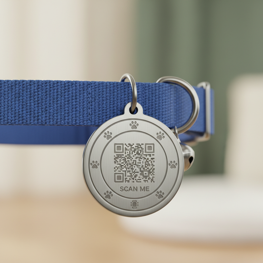 Smart QR pet ID tag on cat collar close-up