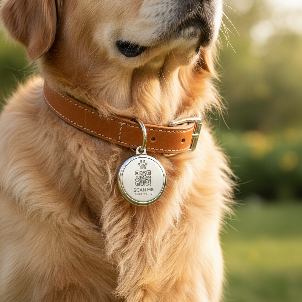 QR pet ID tag on golden retriever collar lifestyle